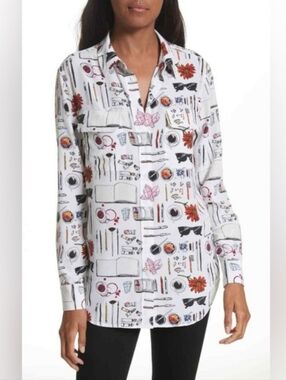 Equipment Slim Signature Print Silk Long Sleeve Button Down Shirt NWT Size XS